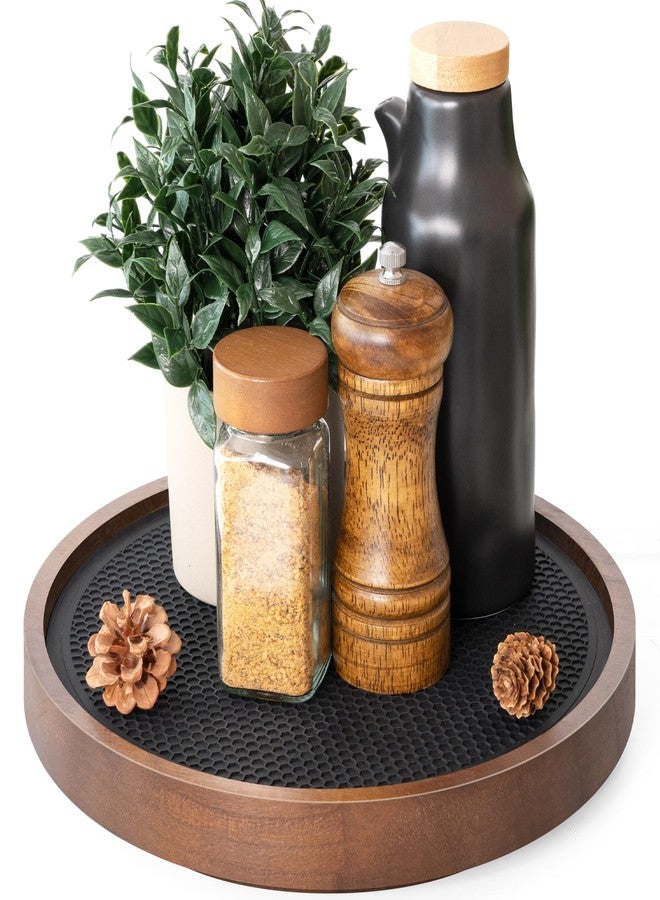 EOSAHR Non-Skid Wooden Lazy Susan for Table Top - Farmhouse 10.5" Bathroom Tray, Spice Rack and Vanity Tray - Stylish Bathroom Counter Organizer with Rubber Mat (Brown) - Image 1