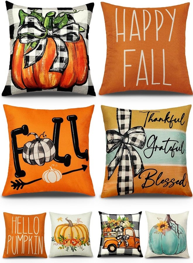 multiwins Fall Decorations Set of 4 Double-Sided Print Fall Pillow Covers 16" x 16", with 8 Cute Fall Decor Patterns, Soft Linen Throw Pillow Covers for Outdoor & Indoor Use, Perfect for Home Decor - Image 1