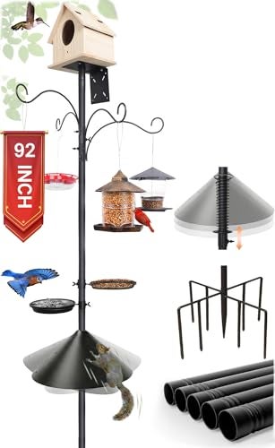 eWonLife 92 Inch Squirrel Proof Bird Feeder Pole with 9 Prongs Base 1 Inch Dia Bird House Pole Heavy Duty Bird Feeder Stand Adjustable Shepherds Hooks for Outdoor with Squirrel Baffle Birdbath Tray - Image 1