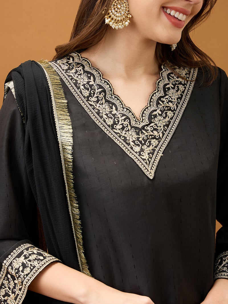 globus Globus Women Black Sequinned Zari Embroidered V-Neck Bell Sleeves Kurta With Pant & Dupatta Festive Set  - Image 4