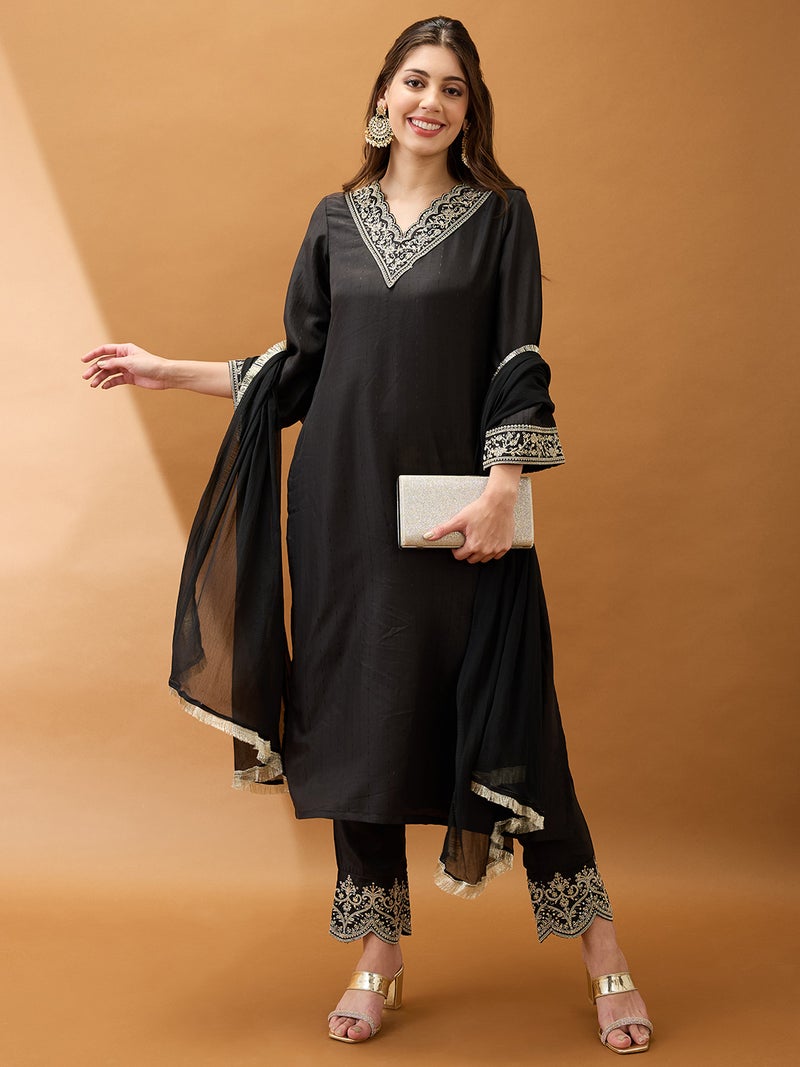globus Globus Women Black Sequinned Zari Embroidered V-Neck Bell Sleeves Kurta With Pant & Dupatta Festive Set  - Image 1