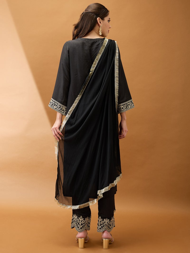globus Globus Women Black Sequinned Zari Embroidered V-Neck Bell Sleeves Kurta With Pant & Dupatta Festive Set  - Image 3