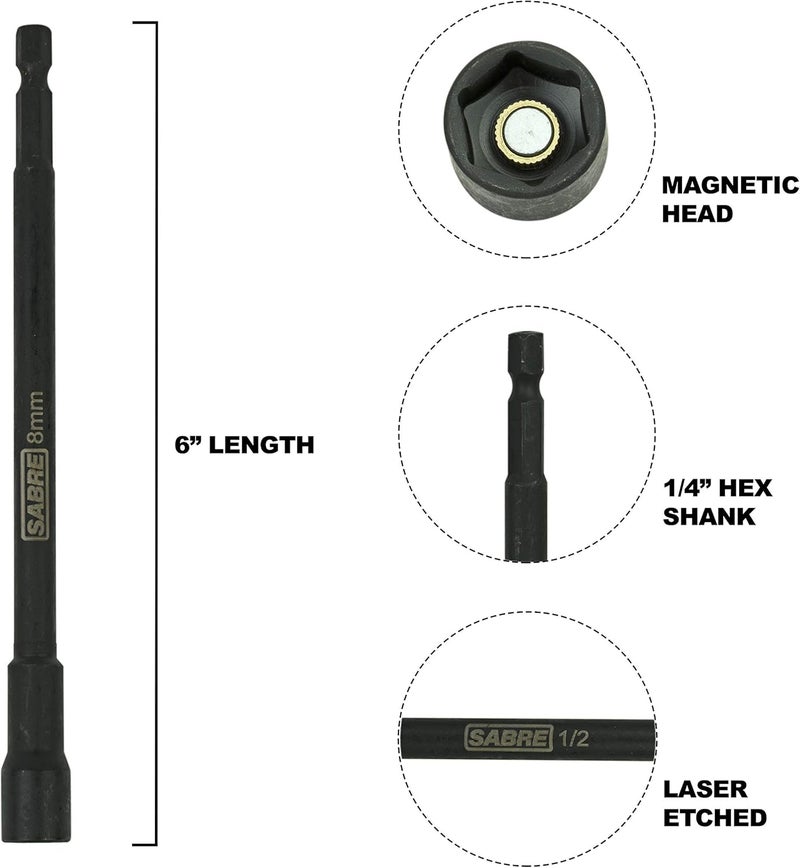 Sabre Tools 8mm Impact Magnetic Nut Driver – 6 Inch Length, 1/4 Inch Hex Shank, Magnetic Socket Tip (8mm Metric) - Image 1