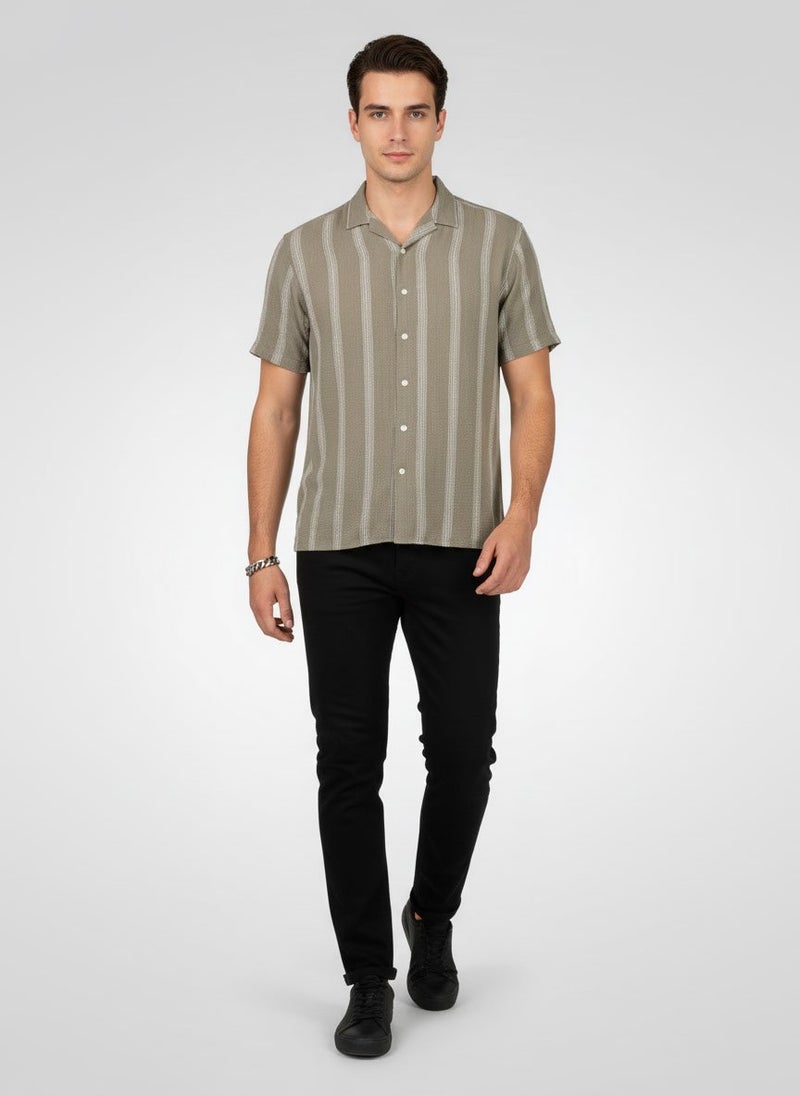 Selected Homme Men Regular Fit Stripe Short Sleeve Casual Shirt, Sage Green - Image 2