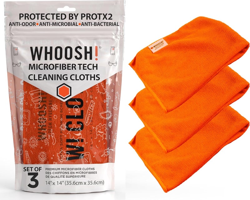 WHOOSH! Microfiber Tech Cleaning Cloths, 3 Pack, 14”x14”, Orange - Image 1