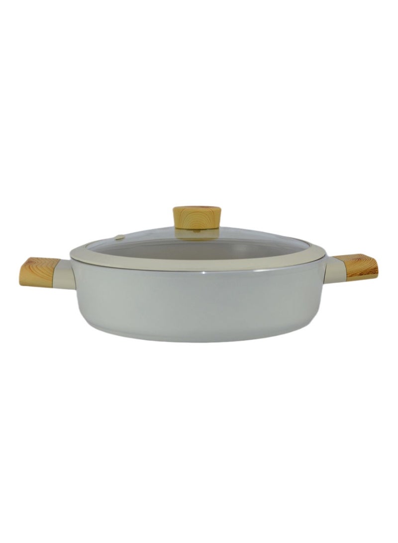 Homemaker Swiss Crystal High Quality Ceramic Coating Non-Stick Low Casserole - 26cm- Glass Lid With Protective Silicon Edge - Natural Wood Handles and Knob - Beige  - Image 4