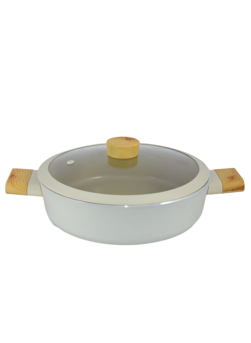 Homemaker Swiss Crystal High Quality Ceramic Coating Non-Stick Low Casserole - 26cm- Glass Lid With Protective Silicon Edge - Natural Wood Handles and Knob - Beige  - Image 5