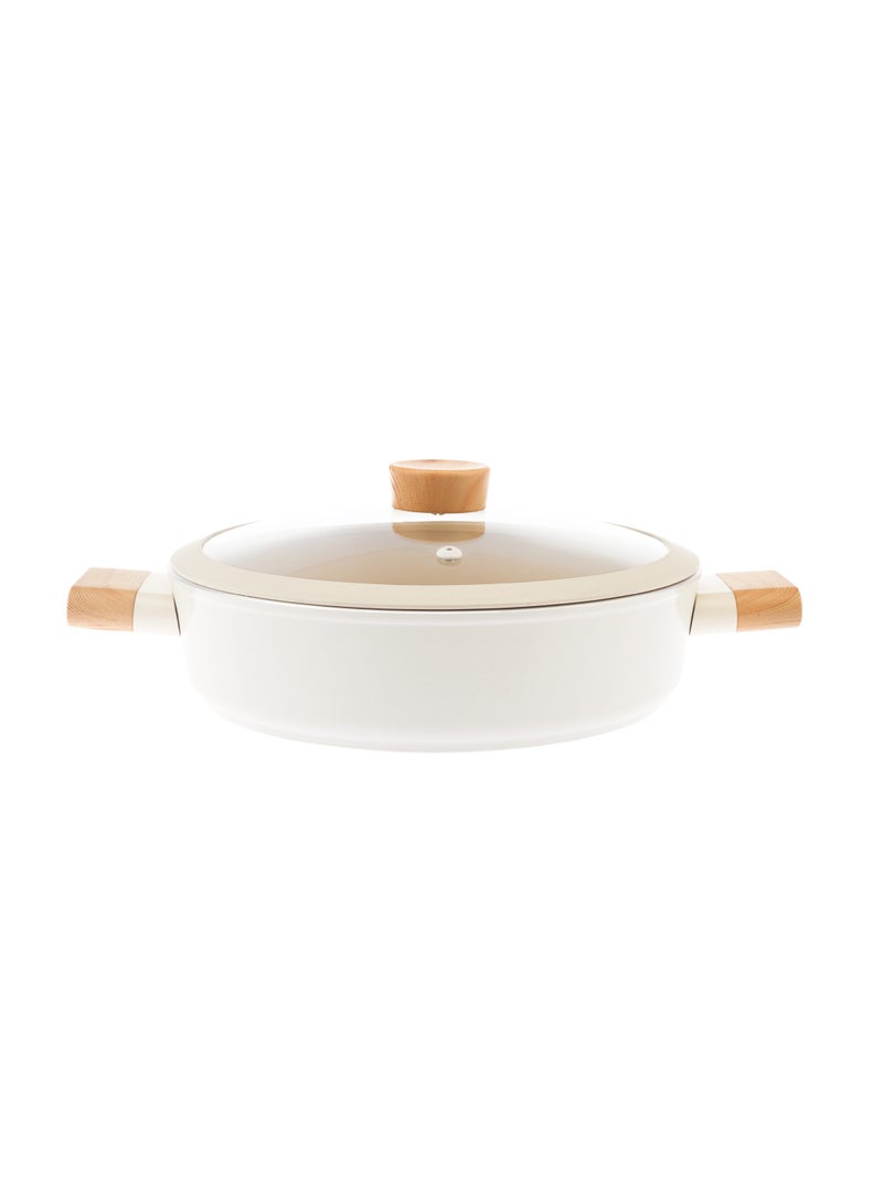 Homemaker Swiss Crystal High Quality Ceramic Coating Non-Stick Low Casserole - 26cm- Glass Lid With Protective Silicon Edge - Natural Wood Handles and Knob - Beige  - Image 1