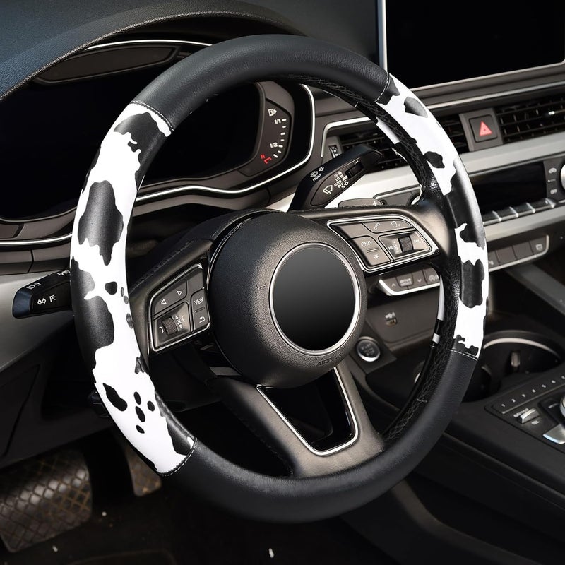 ZHOL Cow Print Car Steering Wheel Cover, Breathable Microfiber Leather for Women and Men, Universal 15 inch Anti-Slip Steering Wheel Protector, Black - Image 1