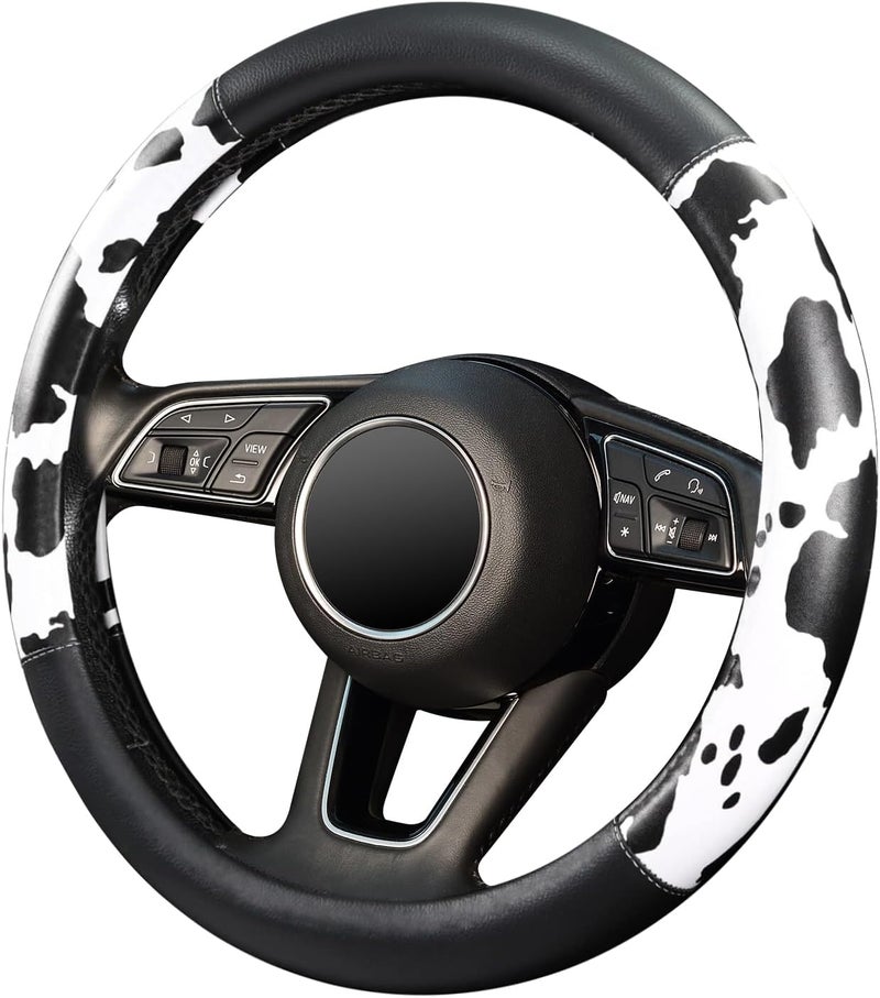 ZHOL Cow Print Car Steering Wheel Cover, Breathable Microfiber Leather for Women and Men, Universal 15 inch Anti-Slip Steering Wheel Protector, Black - Image 5