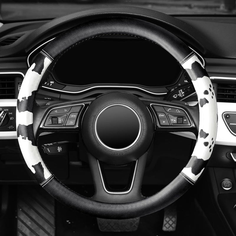 ZHOL Cow Print Car Steering Wheel Cover, Breathable Microfiber Leather for Women and Men, Universal 15 inch Anti-Slip Steering Wheel Protector, Black - Image 2