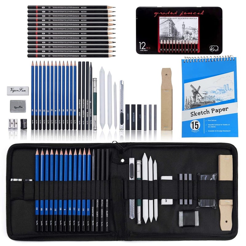 PEACORA Sketching Pencil Kit With Sketch Book 47 Pcs Professional Graphite Charcoal Sketch & Drawing Set For Artists - Image 1