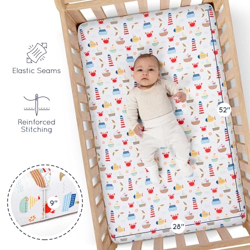 GrowWILD GROW WILD Nautical & Ships Baby Crib Sheets for Boys (3 Pack) - Jersey Knit Fitted Sheet (52" x 28"), Toddler Bedding Set & Baby Boy Crib Bedding Set, Anchors and Ships with Stripes - Image 4