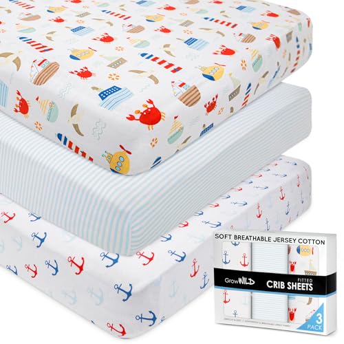 GrowWILD GROW WILD Nautical & Ships Baby Crib Sheets for Boys (3 Pack) - Jersey Knit Fitted Sheet (52" x 28"), Toddler Bedding Set & Baby Boy Crib Bedding Set, Anchors and Ships with Stripes - Image 1
