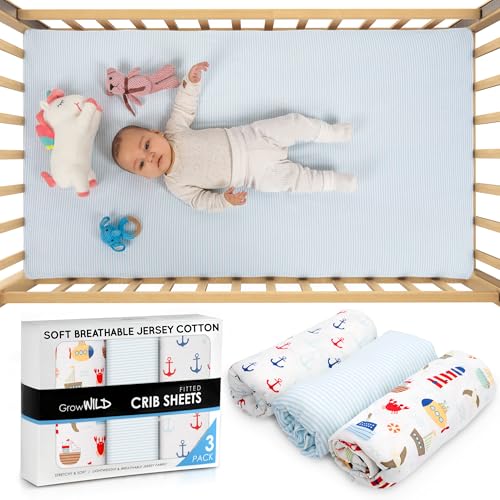 GrowWILD GROW WILD Nautical & Ships Baby Crib Sheets for Boys (3 Pack) - Jersey Knit Fitted Sheet (52" x 28"), Toddler Bedding Set & Baby Boy Crib Bedding Set, Anchors and Ships with Stripes - Image 2