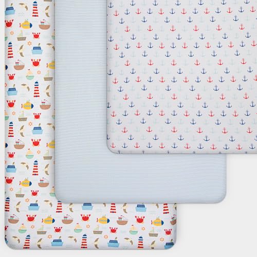 GrowWILD GROW WILD Nautical & Ships Baby Crib Sheets for Boys (3 Pack) - Jersey Knit Fitted Sheet (52" x 28"), Toddler Bedding Set & Baby Boy Crib Bedding Set, Anchors and Ships with Stripes - Image 3