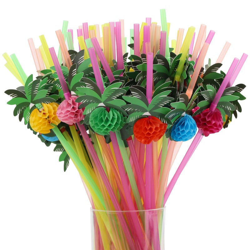 Tecbeauty 100pcs Coconut Tree Drinking Straws Disposable Honeycomb Plastic Straws Tropical Hawaiian Beach Cocktail Pool Luau Party Decorations Supplies