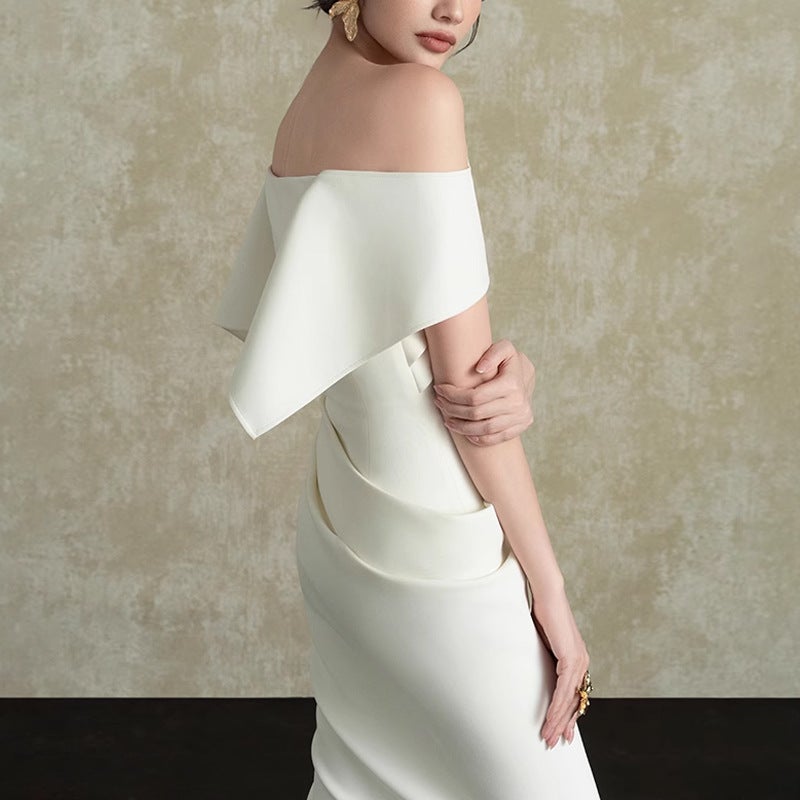 Women's Elegant White One-Shoulder Ruffle Midi Dress - Image 4