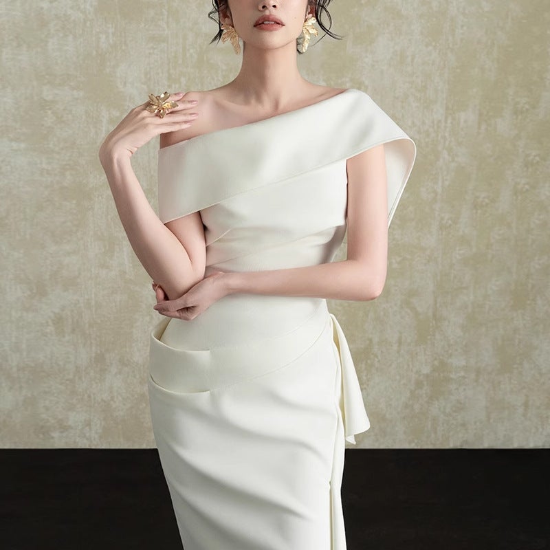 Women's Elegant White One-Shoulder Ruffle Midi Dress - Image 3