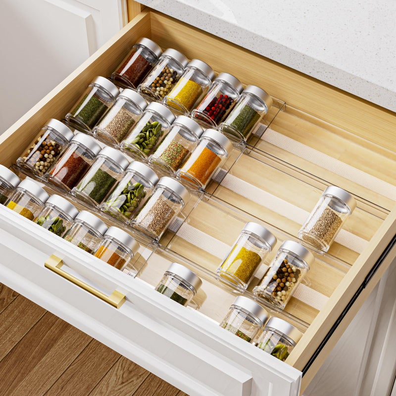 MIUKAA Acrylic Spice Drawer Organizer 4 Tier  8 Pack Seasoning Organizer for Drawer Expandable From 13 to 26 Kitchen Drawer Spice Rack with SlipProof Mat Jars not Included