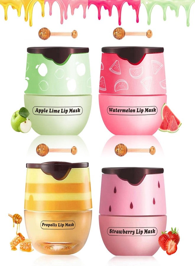 TIRDET 4 PCS Bee Lip Balm Honey Pot, Honey Strawberry Watermelon Apple Sleeping Lip Mask Overnight with Sticks, Exfoliating Prevention Dry and Crack Lip Scrubs - Image 1