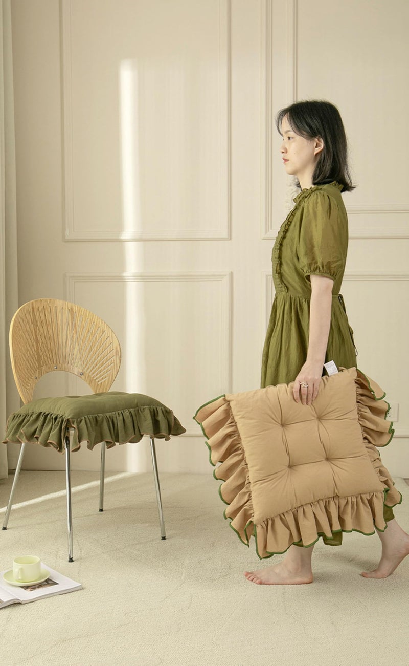 Huierxun Cotton Ruffles Chair Cushion for Dining & Kitchen Chairs - Soft Comfortable Seat Pads with Ties (Khaki,16"x16") - Image 4
