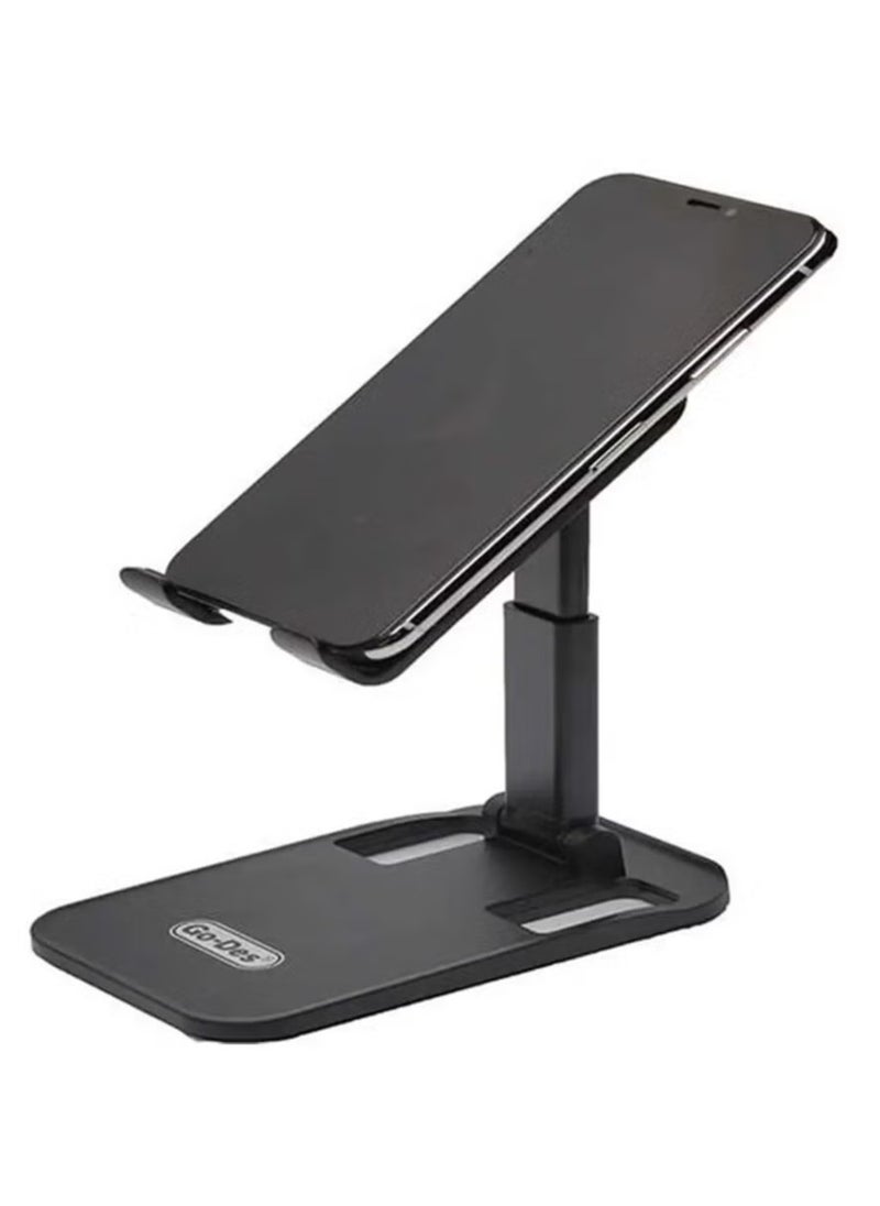 GO-DES - Premium Foldable Desktop Phone & Tablet Holder – Dual-Level Adjustable Aluminum Stand with 360° Rotating Head, Anti-Slip Silicone Base, and Device Gripper Pads – Supports Smartphones & Tablets Up to 13” – Sleek, Portable & Ideal for Desk, Home, or Office Use - Image 1