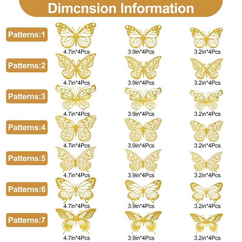 Rindion 84PCS 3D Butterfly Decorations, 3 Sizes 7 Styles Butterfly Wall Decor Gold Butterflies Decorations for Cake, Butterflies Party, Birthday, Wall - Image 2