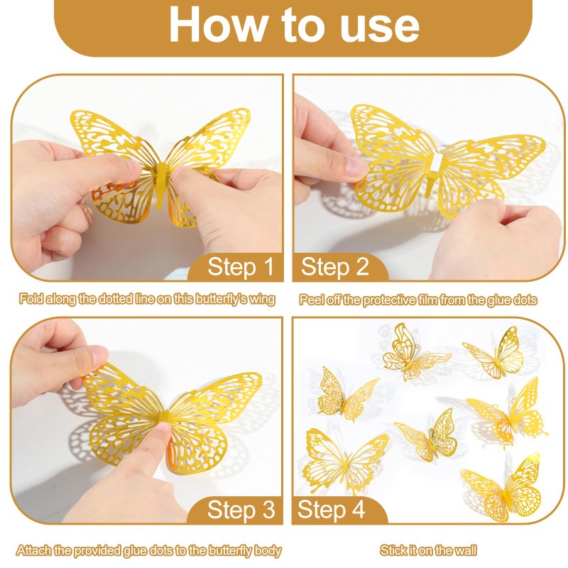 Rindion 84PCS 3D Butterfly Decorations, 3 Sizes 7 Styles Butterfly Wall Decor Gold Butterflies Decorations for Cake, Butterflies Party, Birthday, Wall - Image 3