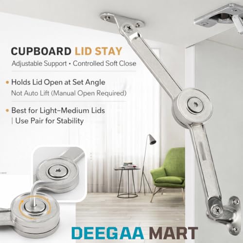 DEEGAA MART DEEGAAMART Adjustable Lid Stay Support Hinges (2 Pack), Folding Lift-Up Cabinet Lid Support, 75°/90°/110° Opening, for Light Wooden Lids & Storage Boxes (Not Hydraulic Soft Close) - Image 3