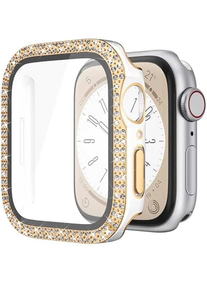 Compatible for Apple Watch Case Built in Tempered Glass Screen Protector 45mm Series 9 8 7 Crystal Diamond Rhinestone Bling Cases iWatch Protective Cover for Women Girls, White+Rose Gold Edge