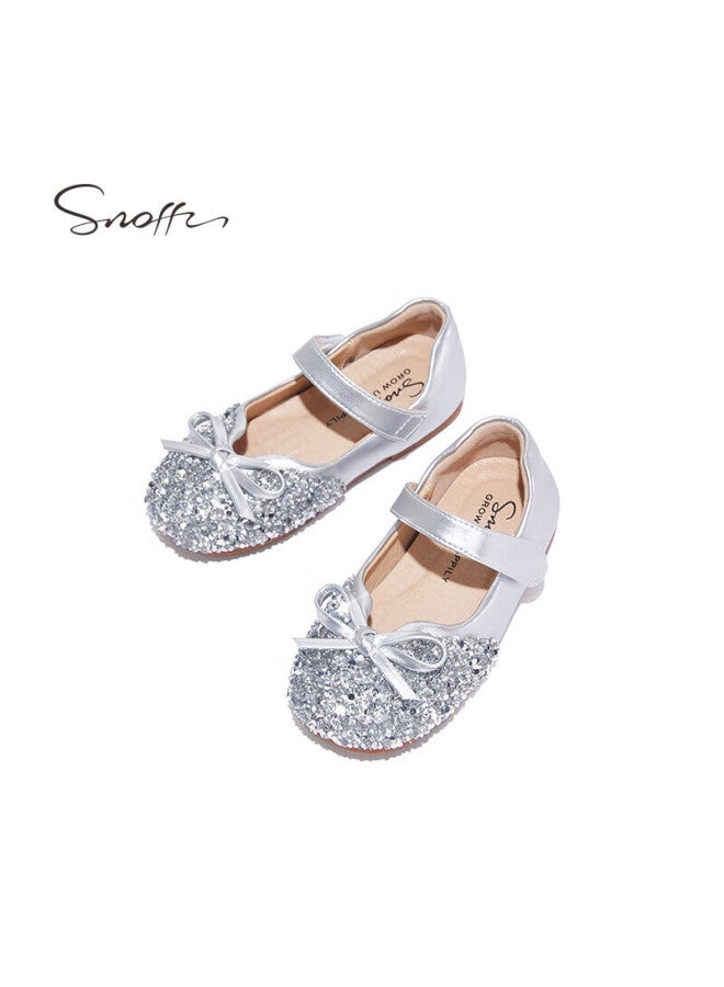 Snoffy Sinafei Girls' Leather Shoes, Spring And Autumn Children's Crystal Shoes, Shiny Diamond Princess Shoes, Comfortable Soft-soled Flats For Little Girls, Moonlight Silver, Size 26 - Image 2