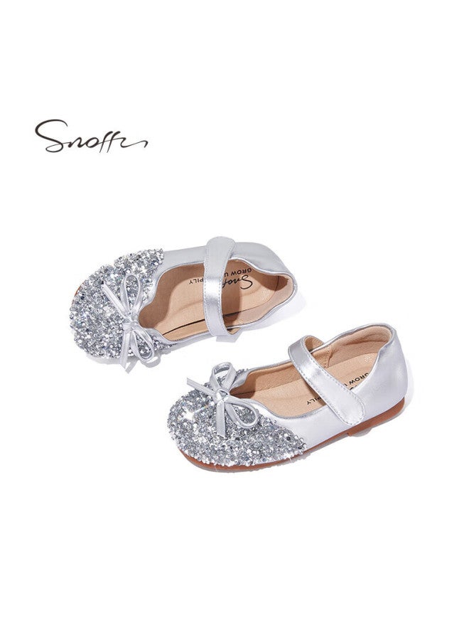 Snoffy Sinafei Girls' Leather Shoes, Spring And Autumn Children's Crystal Shoes, Shiny Diamond Princess Shoes, Comfortable Soft-soled Flats For Little Girls, Moonlight Silver, Size 26 - Image 5