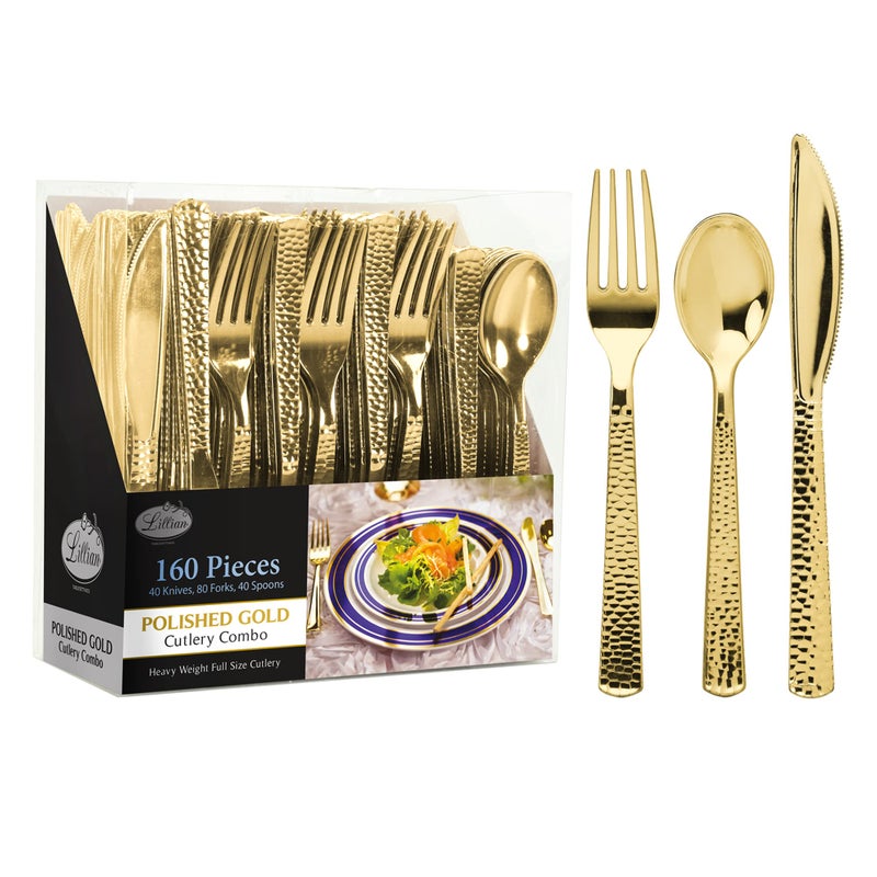 Lillian Tablesettings Plastic Cutlery Silverware Extra Heavyweight Disposable Flatware Full Size Cutlery Combo Gold Pebbled 80 Forks 40 Spoons 40 Knifes Value Pack 160 Count 
