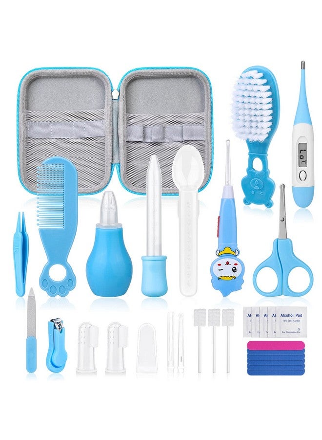 Modacraft 28Pcs Baby Healthcare and Grooming Kit modacraft Baby Safety Set with Hair Brush Lighting Ear Cleaner Nail Clippers Scale Measuring Spoon for Nursery Newborn Baby Girls Boys Kids Blue - Image 1