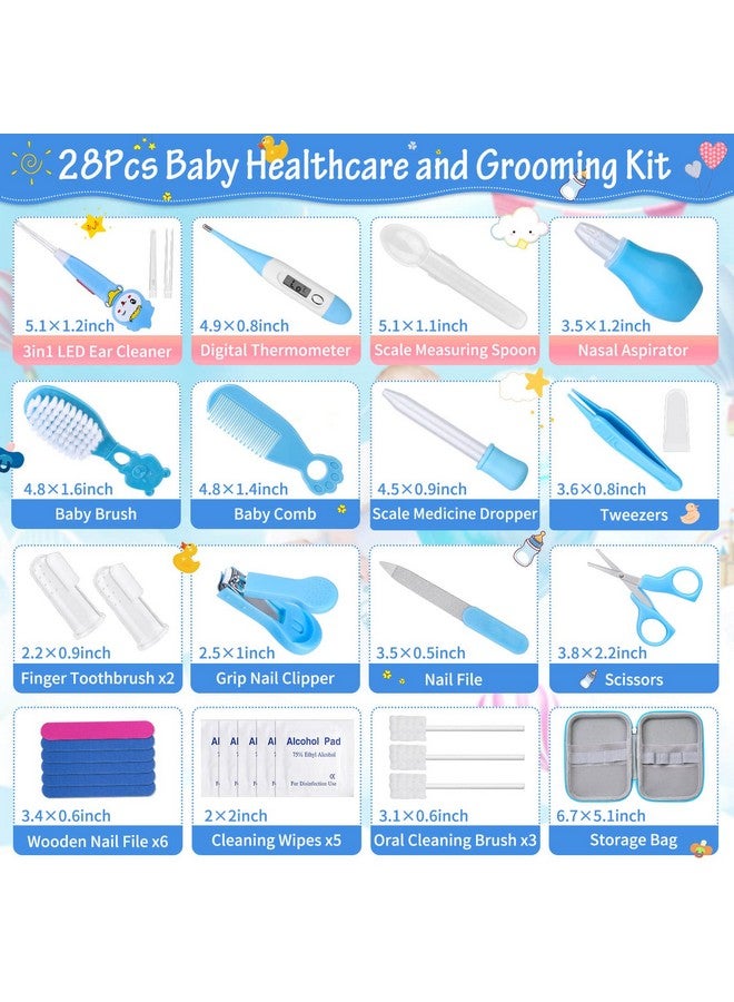 Modacraft 28Pcs Baby Healthcare and Grooming Kit modacraft Baby Safety Set with Hair Brush Lighting Ear Cleaner Nail Clippers Scale Measuring Spoon for Nursery Newborn Baby Girls Boys Kids Blue - Image 2