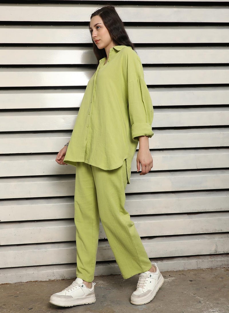 HIGH STAR Women's Green 100% Cotton Solid Pattern Button Down Upperwear Full Length Chinos Dad Fit Co-Ords - Image 3