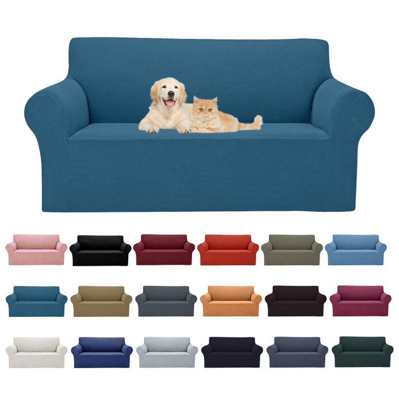 Cupuamon 2024 Newest Stretch Loveseat Sofa Slipcovers Couch Cover for 2 Cushion Furniture Protector Sofa Covers with Elastic Bottom Jacquard Fabric Small Checks for Pets, Kids - Peacock Blue - Image 1