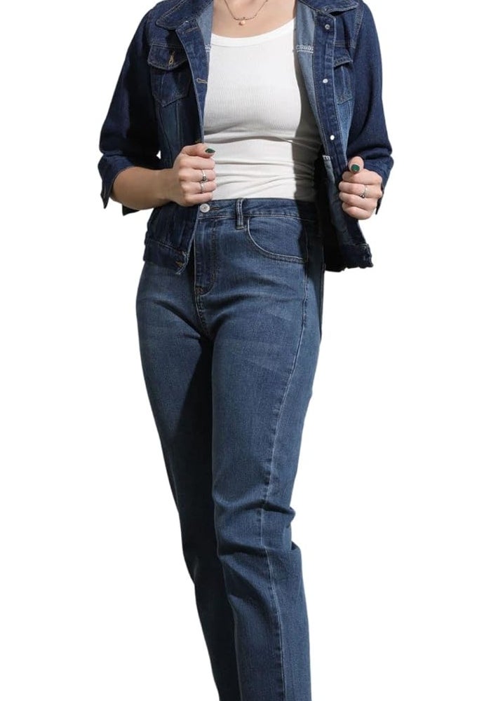 loveimgs Women Casual 3/4 Sleeve Button Down Cropped Denim Jean Jacket - Dark Blue - Image 3