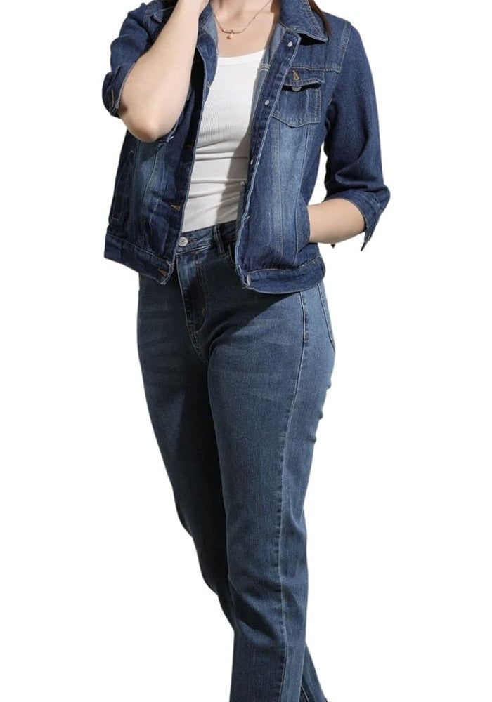 loveimgs Women Casual 3/4 Sleeve Button Down Cropped Denim Jean Jacket - Dark Blue - Image 2