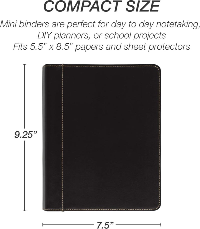 Samsill Samsill 1 Junior Size 3 Ring Binder Leather Black with Contrast Stitching Holds 85 x 55 Paper 3 Rings Notebook Binder Portfolio Organizer Planner Journal  - Image 2