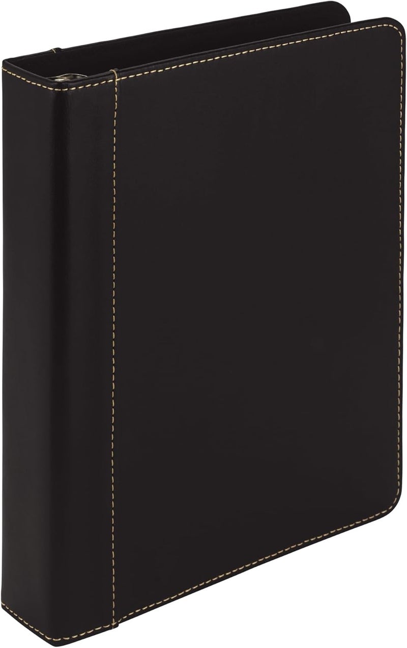 Samsill Samsill 1 Junior Size 3 Ring Binder Leather Black with Contrast Stitching Holds 85 x 55 Paper 3 Rings Notebook Binder Portfolio Organizer Planner Journal  - Image 1