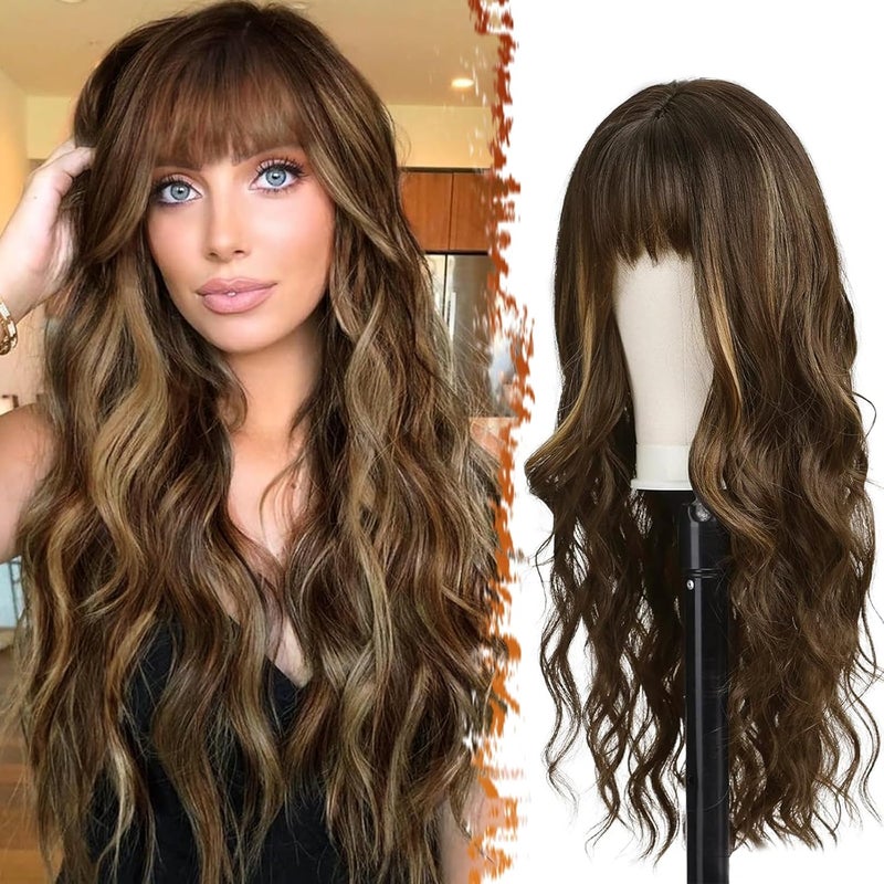 BARSDAR Long Wavy Highlight Wig With Bangs  26 Inch Long Wavy Wig with Bangs for Women Synthetic Balayage Hair Replacement Wigs Natural Looking Daily Cosplay Party Halloween Wig  Brown Mix Blonde