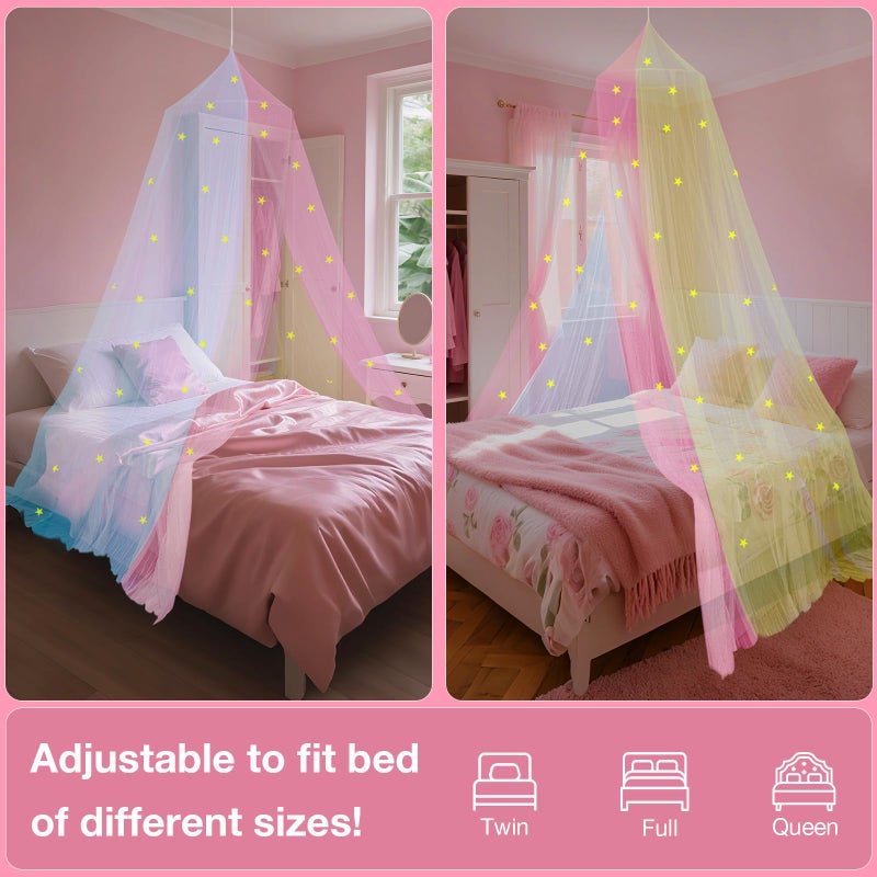 LionLively Princess Rainbow Bed Canopy for Girls with Glow-in-The-Dark Stars, Colorful Canopy Net Fits Most Single, Twin, Full and Queen Size Bed, Bedroom Accessories - Image 4