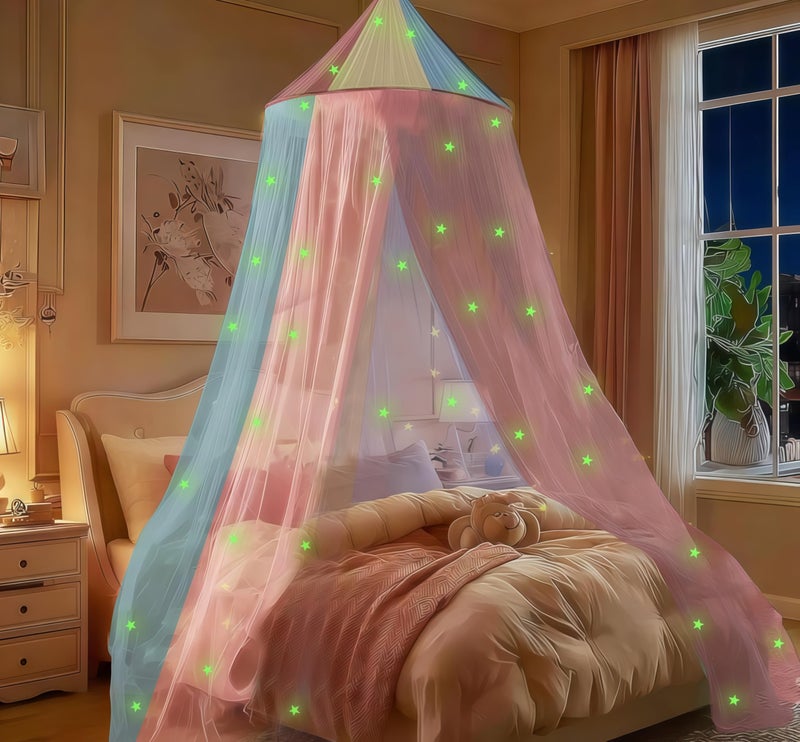 LionLively Princess Rainbow Bed Canopy for Girls with Glow-in-The-Dark Stars, Colorful Canopy Net Fits Most Single, Twin, Full and Queen Size Bed, Bedroom Accessories - Image 1