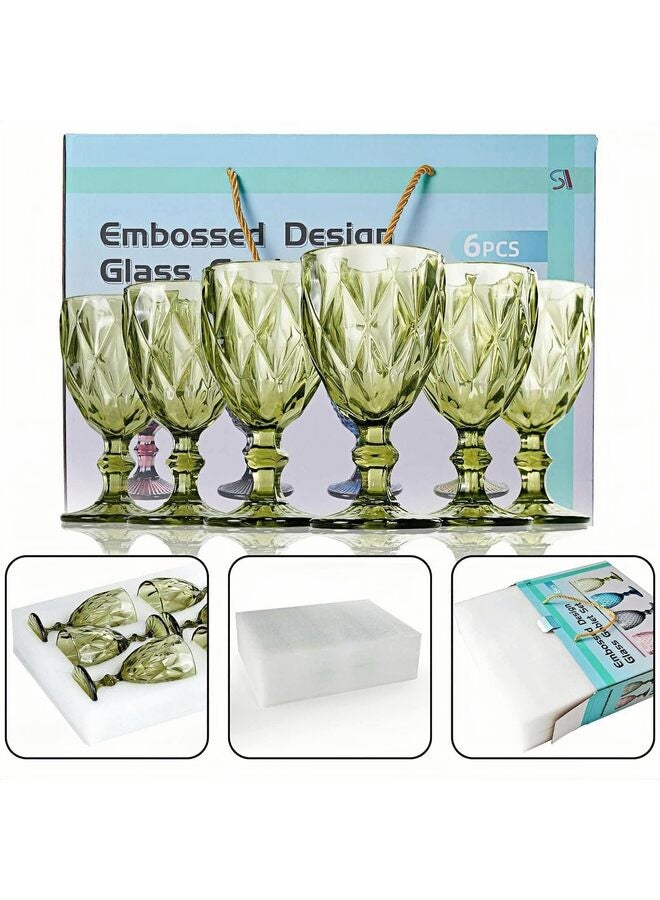 Set of 6 Colorful Drink Cups, 10 Ounces Beverage Cup Set with Embossed Pattern, Colorful Water Cups Vintage Glassware for Party, Wedding, Bar, Juice, Drinks (Green) - Image 2