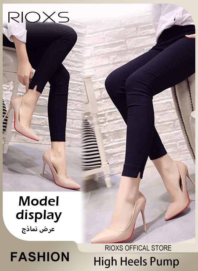 Women's Closed Pointed Toe High Heels Pumps, 10cm Patent Leather Stiletto High Heels,  Anti-slip Lightweight Slip on Pump Shoes, Elegant Wedding Dress Shoes, Suitable for Office, Party, Wedding Dating or Formal Occasions, Easy to Wear for All Day Long, Beige