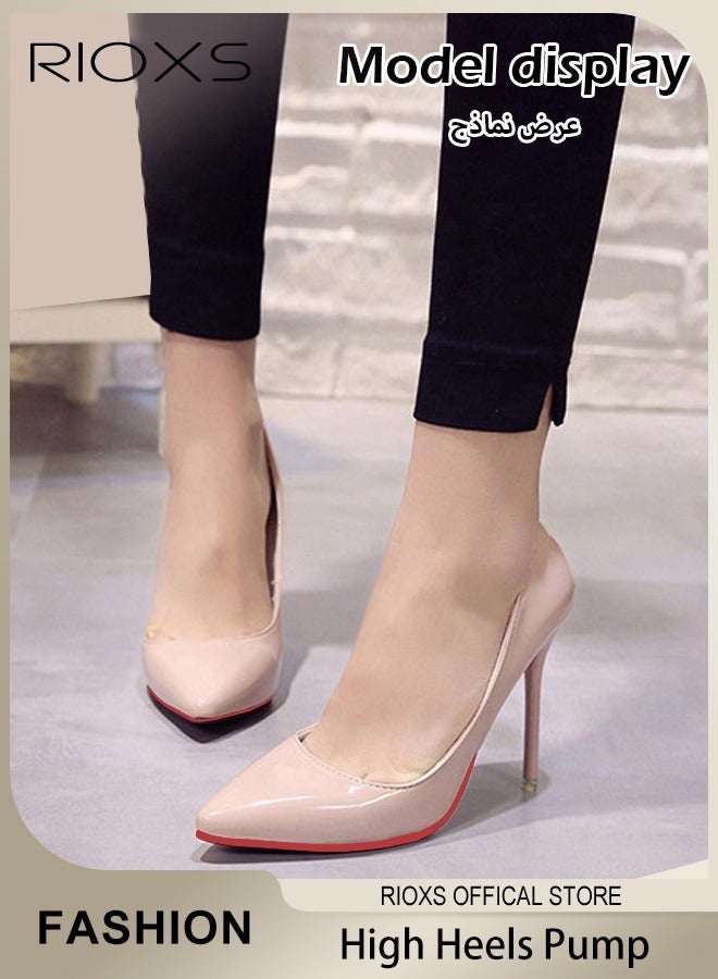 RIOXS Women's Stiletto Heels, Closed Pointed Toe High Heels, 10cm Heels Pumps for Women, Patent Leather Pumps, Party Wedding Shoes, Slip-on Heeled Shoes, Ladies Lowpointed Dress Shoes, Elegant Bridesmaid Dressy Shoes, Classic High Heel Shoes for Professional Outfits/ Work and Daily Wear, Beige Pumps - Image 1