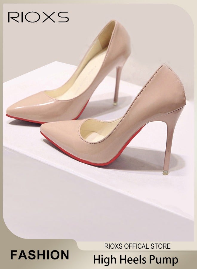 RIOXS Women's Stiletto Heels, Closed Pointed Toe High Heels, 10cm Heels Pumps for Women, Patent Leather Pumps, Party Wedding Shoes, Slip-on Heeled Shoes, Ladies Lowpointed Dress Shoes, Elegant Bridesmaid Dressy Shoes, Classic High Heel Shoes for Professional Outfits/ Work and Daily Wear, Beige Pumps - Image 2