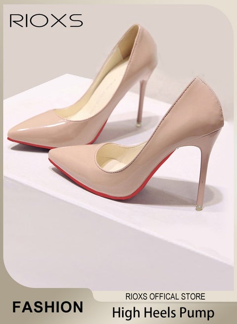 Women's Closed Pointed Toe High Heels Pumps, 10cm Patent Leather Stiletto High Heels,  Anti-slip Lightweight Slip on Pump Shoes, Elegant Wedding Dress Shoes, Suitable for Office, Party, Wedding Dating or Formal Occasions, Easy to Wear for All Day Long, Beige